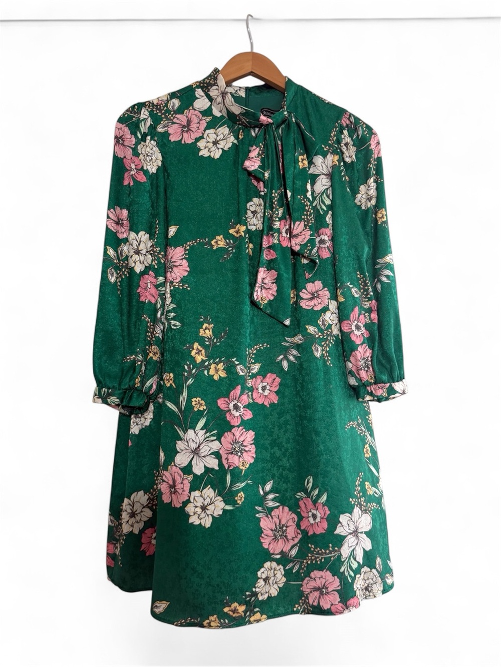 Jessica Howard 12P Green Floral Tie Neck Long Sleeve Dress